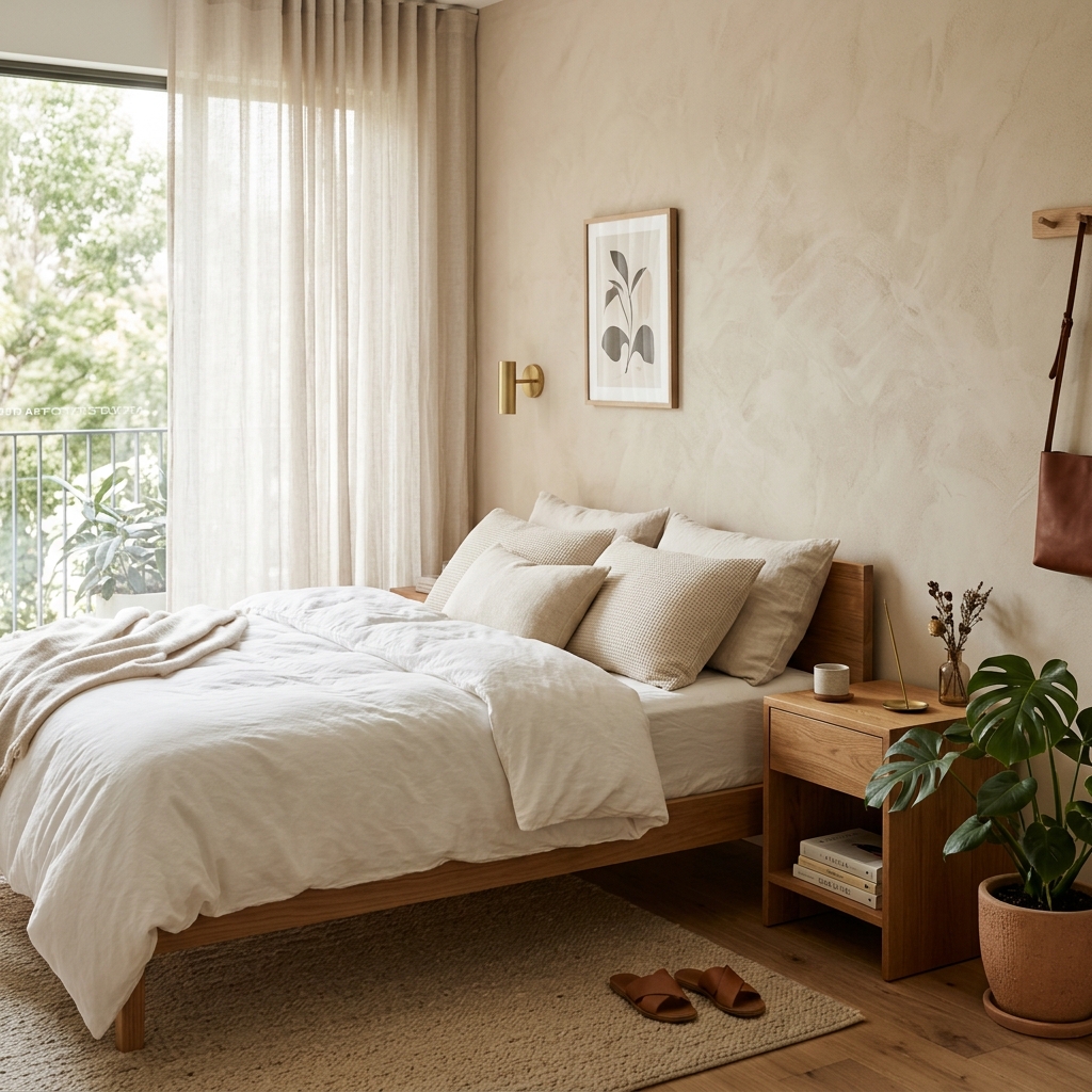Aesthetic, sunlit Tenly PG bedroom with organic cotton bedding